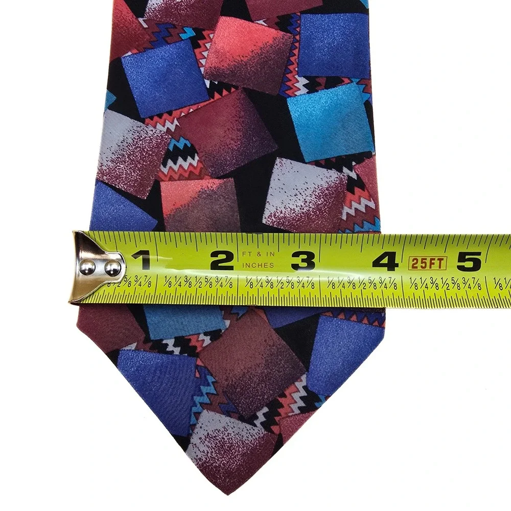 Barbara Blank‎ New York Silk Tie Geometric Abstract Squares Blue Red Handmade